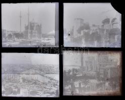 cca 1900-1920 Törökországi helyszíneket ábrázoló üvegnegatívok, feltehetőleg Isztanbul és környékéről, közte pl.: Hagia Sophia, kikötői fotó, közte 2 db portré fotóval is, összesen 9 db, az egyik sarkán hiánnyal, 9x12 cm