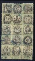 1868 Okmánybélyeg sor 15 db klf Krajcáros értéke stecklapon