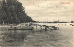 1908 Balatonfüred, Part részlet, "BAROSS" gőzös a kikötőben, gőzhajó, csónakok. Grüner Simon kiadása (EB)