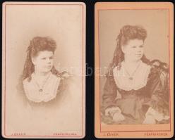 1870 Márffy kisasszony, 2 db keményhátú fotó Exner Gyula pécsi műterméből, 10,5×6 cm