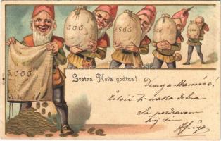 1901 Sretna Nova godina / Újévi üdvözlet törpékkel, aranypénz. Dombornyomott litho / New Year greeting with dwarves, gold coins. Embossed litho (EK)