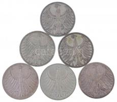 Német Szövetségi Köztársaság 1951D 5M Ag + 1951F 5M Ag + 1965D 5M Ag + 1971G 5M Ag + 1973F 5M Ag + 1...