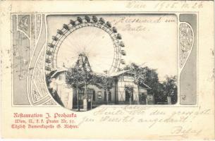 1905 Wien, Vienna, Bécs II. K.k. Prater Nr. 37. Restauration Ig. Prohaska / restaurant with ferris wheel in the amusement park. Art Nouveau