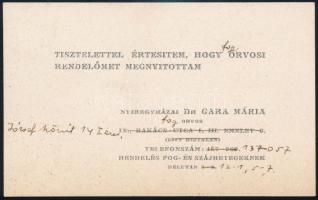 cca 1940 Dr. Gara Mária fogorvosi rendelőjének megnyitásáról szóló kártya
