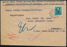 1939 Gr. Teleki Pál (1879-1941) miniszterelnöknek címzett boríték
