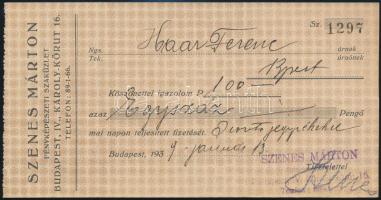 1939 Bp. IV., Szenes Márton fényképészeti szaküzletének elismervénye aláírással