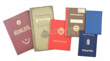 1935-1998 6 db vegyes okmány: tanulmányi értesítő, szakszervezeti tagsági könyv, BME mérnöki díszoklevél, munkakönyv, Magyar Néphadsereg bizonyítvány, Magyar Köztársaság fényképes útlevél