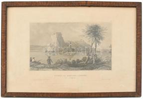 cca 1850 Dévény romjainak látképe acélmetszet, Hildburghausen, Kunstanstalt des Bibliographisches Institut, Pexis, sérült keretben 10x14,5 cm,