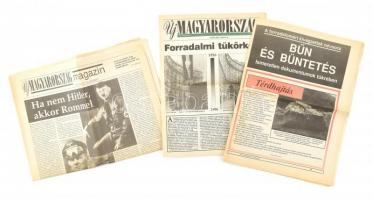 1990-1996 3 db történelmi témájú magazin: A forradalomért kivégzettek névsora, 1990. okt. 20. + Új Magyarország 2 száma (1995. júl. 15., 1996. okt. 22.), benne az 1956-os forradalommal és a II. világháborúval kapcsolatos cikkekkel, fekete-fehér fotókkal, 32+12+32 p.