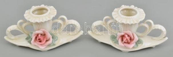 Ens porcelán rózsás gyertyatartó 2 db, kézzel festett, jelzett, hibátlan, m: 5 cm