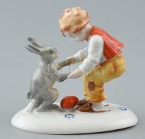 Metzler & Ortoff Ilmenau porcelán kisfiú nyuszival, jelzett, hibátlan, m: 7 cm