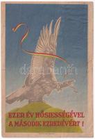 Ezer év hősiességével a második ezredévért! Pallas nyomda / Hungarian irredenta (nagyon vékony nem képeslap hátoldalú sérült nyomtatvány / very tin damaged non PC print)