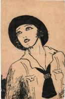 1930 Cserkészlány. Kézzel rajzolt képeslap / scout girl, oirignal hand-drawn postcard (vágott / cut)