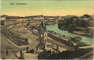 1910 Győr, Rába rakpart, Időjelző torony barométerekkel és hőmérőkkel, iparvasút