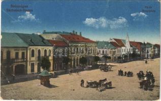 Szászrégen, Reghinul Sasesc, Reghin; Fő tér, piac, üzletek / Hauptplatz / main square, market, shops + 1940 Szászrégen visszatért So. Stpl. (EB)