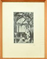 Kass János (1927-2010): Álmodó. Rézkarc, papír, jelzett. Üvegezett fa keretben. 34x20 cm