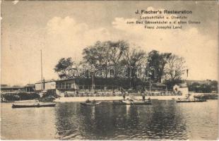 Wien, Vienna, Bécs XXII. J. Fischer's Restauration, Lustschifffahrt und Überfuhr zum Bad Gänsenhäufel an d. alten Donau Franz Josephs Land / restaurant