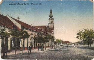 1920 Csongrád, Kossuth tér, templom, üzletek. Weisz Márk kiadása (EM)