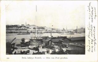 1900 Budapest V. Buda látképe Pestről, rakpart, gőzhajó (EB)