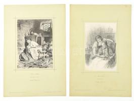 cca 1900 Eduard Kurzbauer (1840-1879) és Johann Herterich (1843-1905) grafikáiról készült fénynyomatok, 2 db, Verlag von Eduard Hallberger, kartonra ragasztva, 25,5x18 cm és 25x16 cm