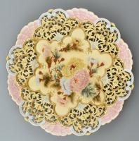 Zsolnay dísztál. Hibátlan, korának megfelelő kopásokkal és mázrepedésekkel. Színesen festett és aranyozott porcelánfajansz. Peremén rokályos és áttört díszítmények, öblében keleties virágdekor. Jelzett: alján1880-1890 körüli, masszába nyomott Zsolnay Pécs Madi in Austria-Hungaria jelzés. d: 39.5cm (CSAK SZEMÉLYES ÁTVÉTEL)