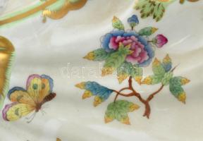 Herendi Viktória mintás porcelán kínáló, kagyló alakú kínáló tálakkal, masszív delfinfogóval, arany ...