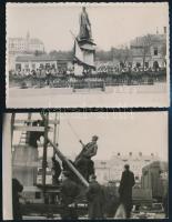 1938.XI.4. Léva, Milan Rastislav Štefánik-szobor ledöntése a visszatérés után egyenruhások felügyelete mellett, Hajdú Sándor (1905-1992) lévai fényképész felvétele, jelzés nélkül, vintage fotólap, jobb felső sarkában apró töréssel, 8,5x13,5 cm + cca 1932-38 Léva, Štefánik szobornál tartott ünnepségről készített felvétel, Foto Rusznák, hátoldalán pecséttel jelzett vintage fotólap, 8,5x13 cm / 04.11.1938 Levice, demolishing of the Milan Rastislav Štefánik statue, vintage photocard by photographer Sándor Hajdú (1905-1992) who was based in Levice, unsigned, with very small damage on the right upper corner, 8,5x13,5 cm + cca 1932-38 Levice, celebration at the Štefánik statue, vintage photocard with stamp of photographer Rusznák on the reverse, 8,5x13 cm