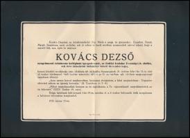 1935 Kolozsvár (Cluj), Kovács Dezső volt református kollégiumi igazgató és tanár, az Erdélyi Irodalmi Társaság tiszteletbeli elnöke gyászjelentése