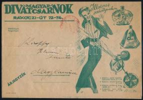 1937 A Magyar Divatcsarnok szórólapja az illatszerosztály reklámjával, hátoldalon húsvéti csokoládéfigurák kínálata