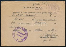 1949 Nagykőrös megyei város javadalmi hivatala által kiállított borbeadási bizonyítvány, pecsétekkel, hátoldalán kitöltetlen szüretelési engedéllyel
