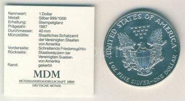 USA 1987. 1$ Ag "Liberty" 1oz. T:1/2 Díszdobozban, tanúsítvánnyal!