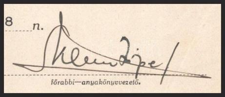 1939 Baja, Izraelita születési anyakönyvi kivonat, rajta a főrabbi aláírásával