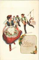 Kellemes húsvéti ünnepeket! Magyar folklór, locsolkodás / Hungarian folklore art postcard with Easter greetings