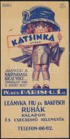 cca 1920-1930 Katsinka utódai leányka, fiú és bakfisch ruhák, kalapok és csecsemő kelengyék litho számolócédula, Fénynyomda Bp.