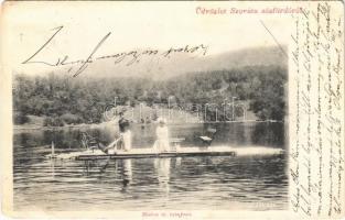 1909 Szováta, Sovata; Medve-tó tutajozókkal. Hönig Bernát kiadása / Lacul Ursu / lake with rafters (EM)