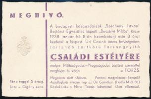 1938 Meghívó a budapesti közgazdászok Széchenyi István bajtársi Egyesület kispesti Bercsényi Miklós törzsének családi estélyére