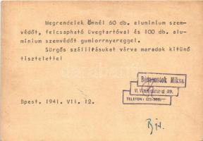 1941 Bienenstok Miksa vésnöki műintézete reklámlapja, bélyegzőgyártás, stb. Budapest VI. Vilmos Csás...