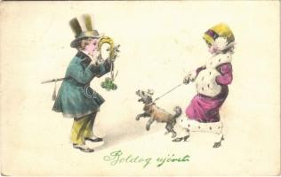 1916 Boldog Újévet! / New Year greeting art postcard, children with dog, horseshoe and clover. Vienne Serie 738. (fl)