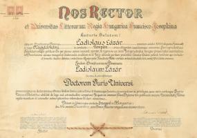 1929 Szeged, Magyar Királyi Ferenc József Tudományegyetem jogi diplomája, az egyetem rektorának és a...