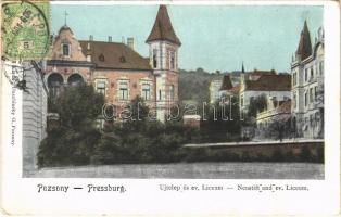 1909 Pozsony, Pressburg, Bratislava; Újtelep és evangélikus líceum. Duschinsky G. kiadása / Neustift und ev. Liceum / Lutheran school, villa. TCV card (EK)