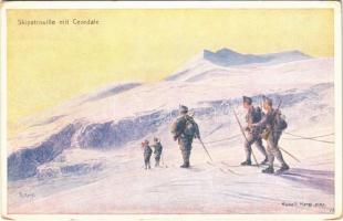Skipatrouille mit Cevedale. Rotes Kreuz, Kriegsfürsorgeamt Kriegshilfsbüro Nr. 212. / WWI Austro-Hungarian K.u.K. military art postcard, ski patrol with Monte Cevedale (Südtirol) s: Rudolf Kargl (kopott sarkak / worn corners)