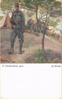 Im Biwak. Offizielle Karte für Rotes Kreuz, Kriegsfürsorgeamt, Kriegshilfsbüro Nr. 335. / WWI Austro-Hungarian K.u.K. military art postcard, camp s: N. Schattenstein (EK)