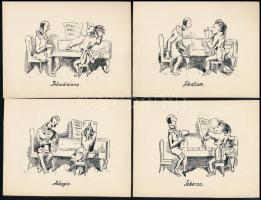 Jelzés nélkül: A virtuóz, 16 db zenei témájú karikatúra, toll, papír, 12x9 cm