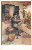 Korbflechter aus den Invalidenschulen. Offizielle Karte für Rotes Kreuz, Kriegsfürsorgeamt Kriegshilfsbüro Nr. 510. / WWI Austro-Hungarian K.u.K. military art postcard, one-legged basket weaver from the school of the disabled s: R. Moser (EK)