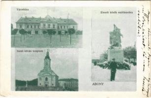 1927 Abony, Városháza, Elesett hősök emlékszobra télen, Szent István templom (szakadás / tear)