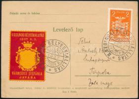 1937 II. Szolnoki Bélyegkiállítás levélzáró futott levelezőlapon / Postcard with label