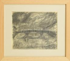 Gallé Tibor (1896-1944): Az Arno hídja, Firenze. Szén, papír, jelzett, üvegezett fa keretben, 21,5×27 cm