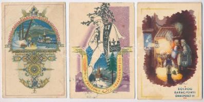 3 db régi Bozó irredenta ünnepi üdvözlőlap, művészlap / 3 pre-1945 Bozó signed irredenta greeting cards, art postcards