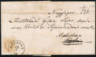1870 15kr ajánlott levélen / on registered cover POZSONY - Modor