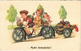 Nyári kirándulás / Children art postcard, family on summer vacation. Amag 0453.